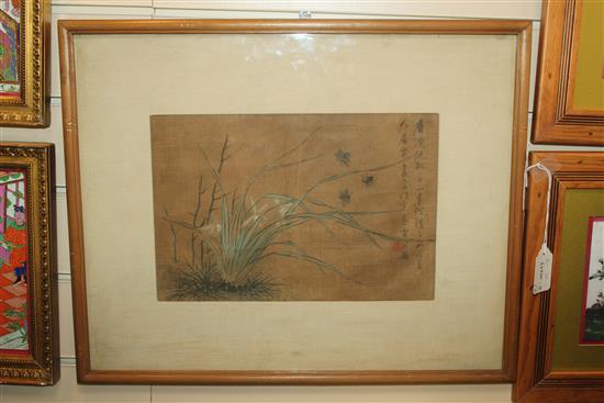 Two Chinese School paintings of insects and flowers on silk, early 20th century, 20 x 31cm, later mounted, framed and glazed